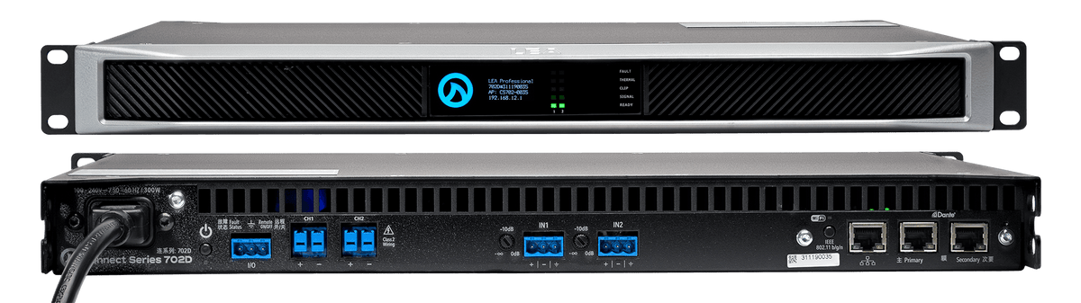 LEA Professional CS702D amplifier, front and rear